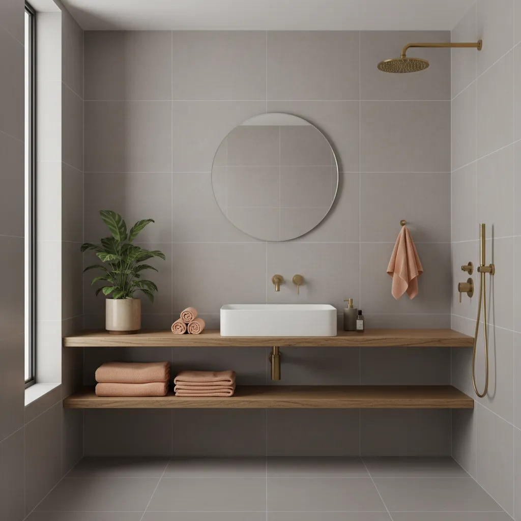 Styled bathroom with grey base colors and soft peach accents creating harmony