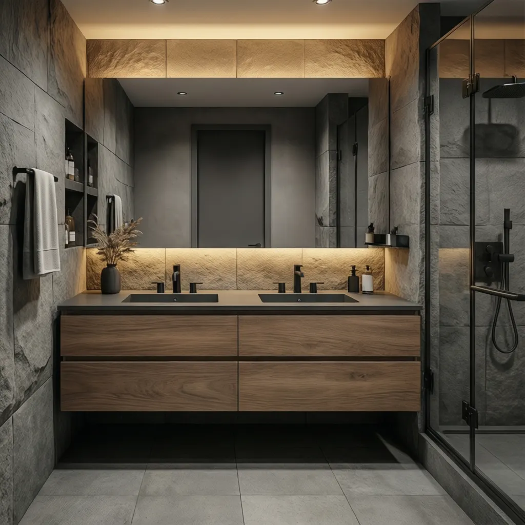 well balanced grey and tan bathroom with dark fixtures and wood accents