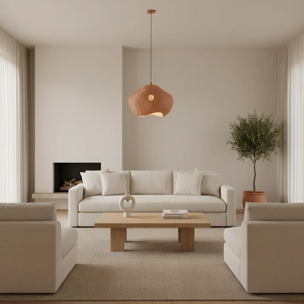 Minimalist living room with white sofa wooden coffee table clay ceiling light and potted olive tree
