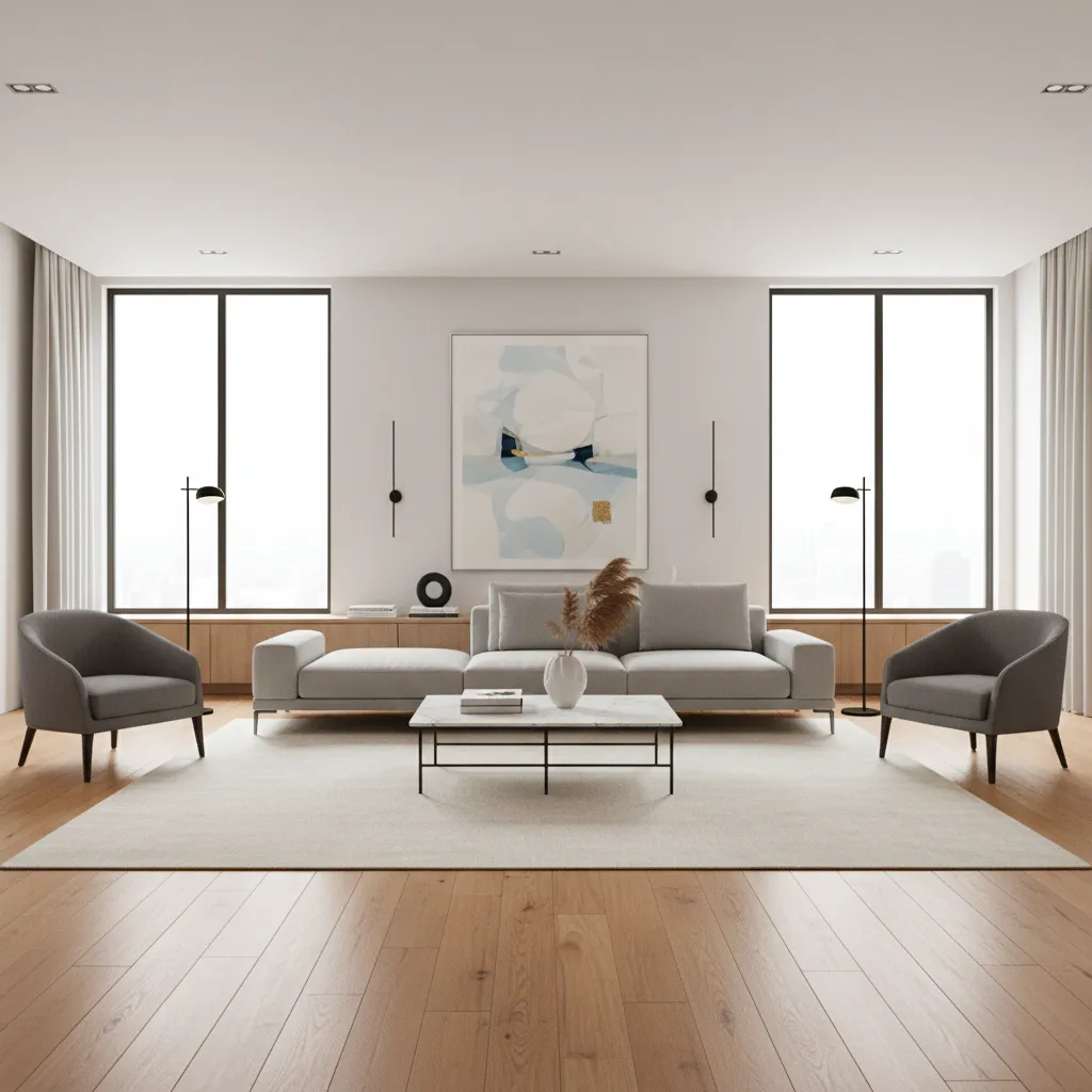 Hardwood floor layout showing balanced board widths along both walls
