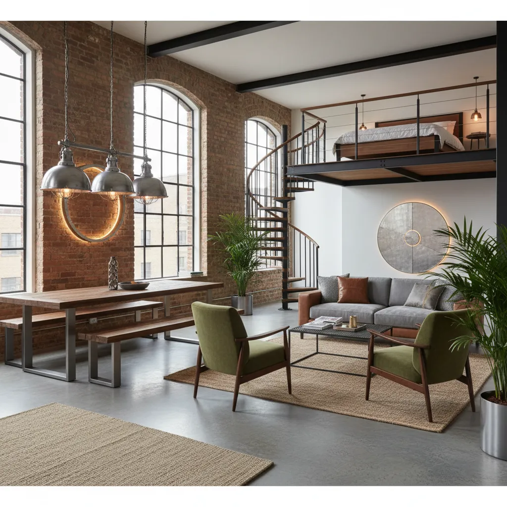 Interior industrial equilibrado con madera y metal