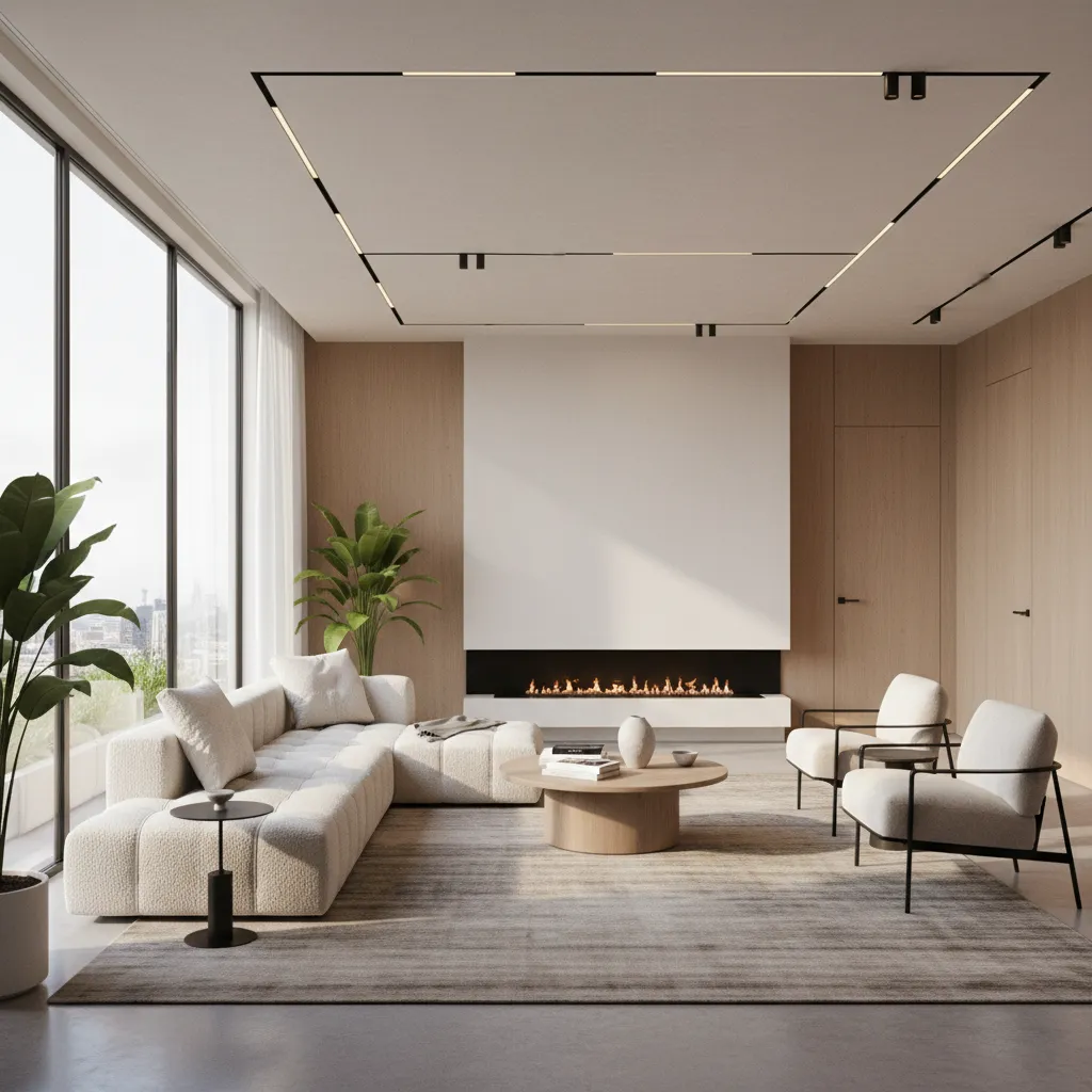 Well balanced interior render with daylight and artificial lighting in modern living room