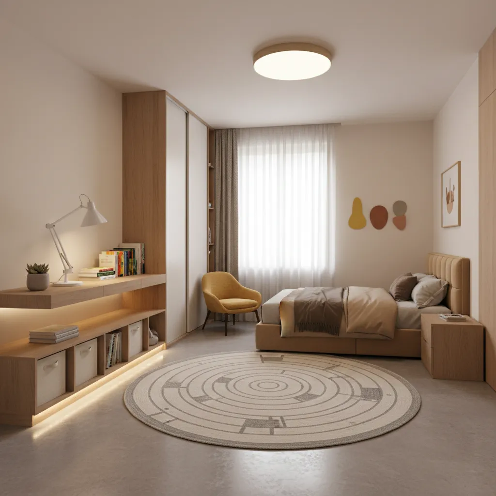 modern kids bedroom with balanced ambient task and accent lighting