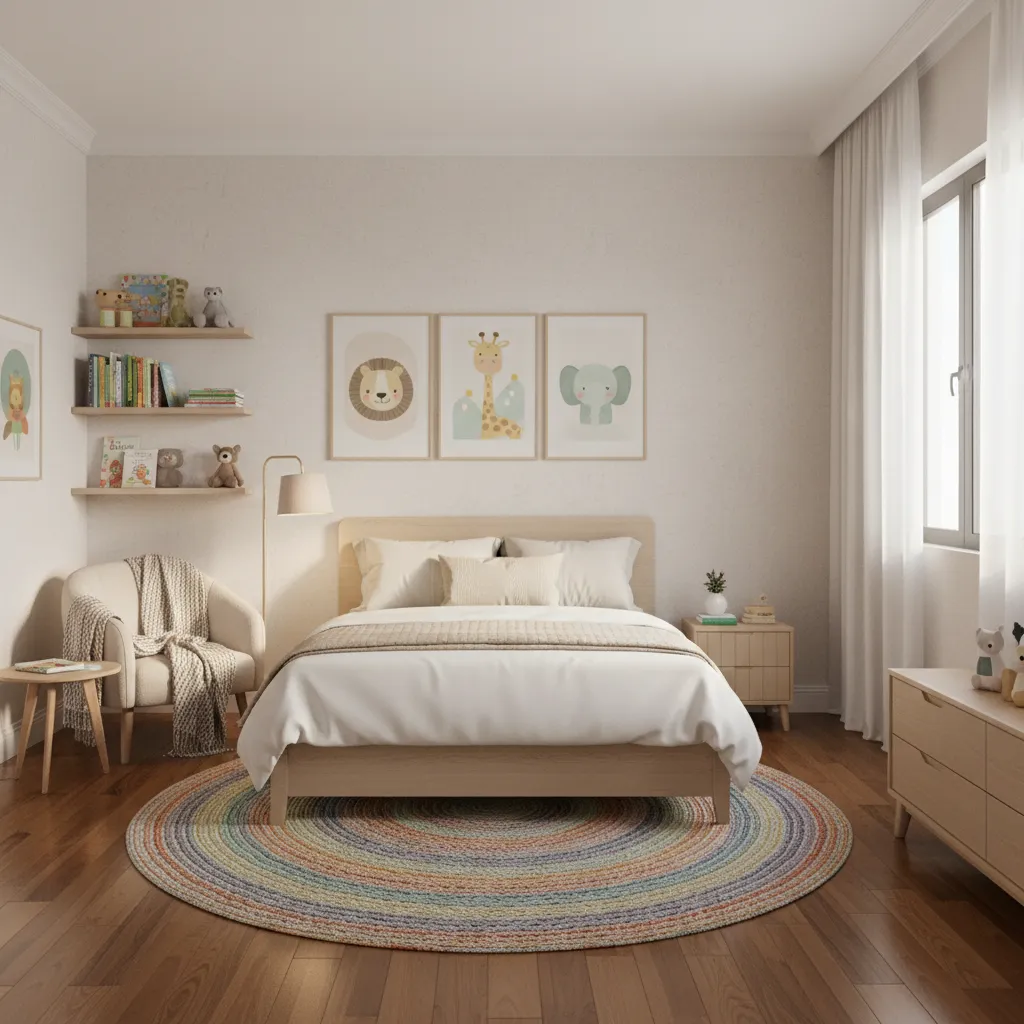 Neutral kids guest bedroom with playful decor and organized layout