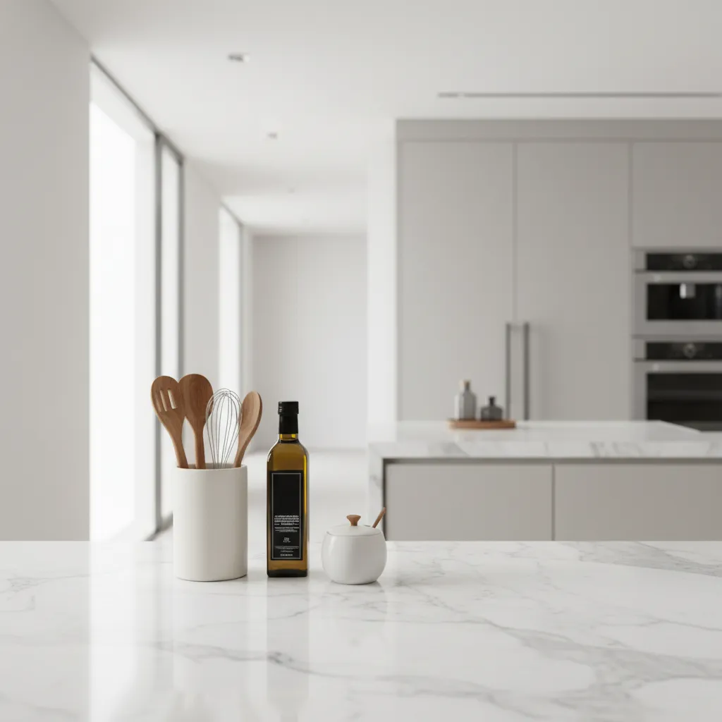 minimal kitchen counter with utensil holder oil bottle and salt container
