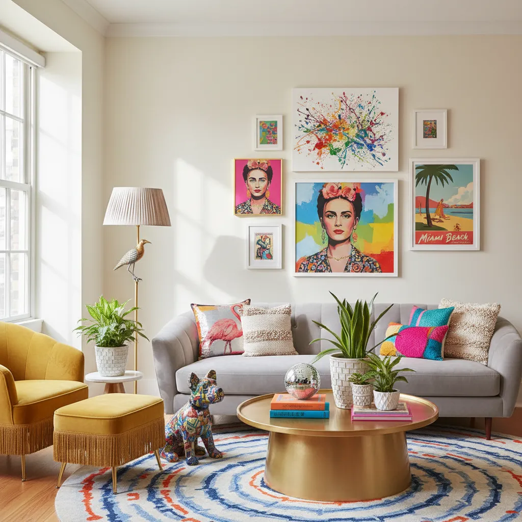 Colorful living room with grey sofa yellow armchair gold coffee table gallery wall and rug