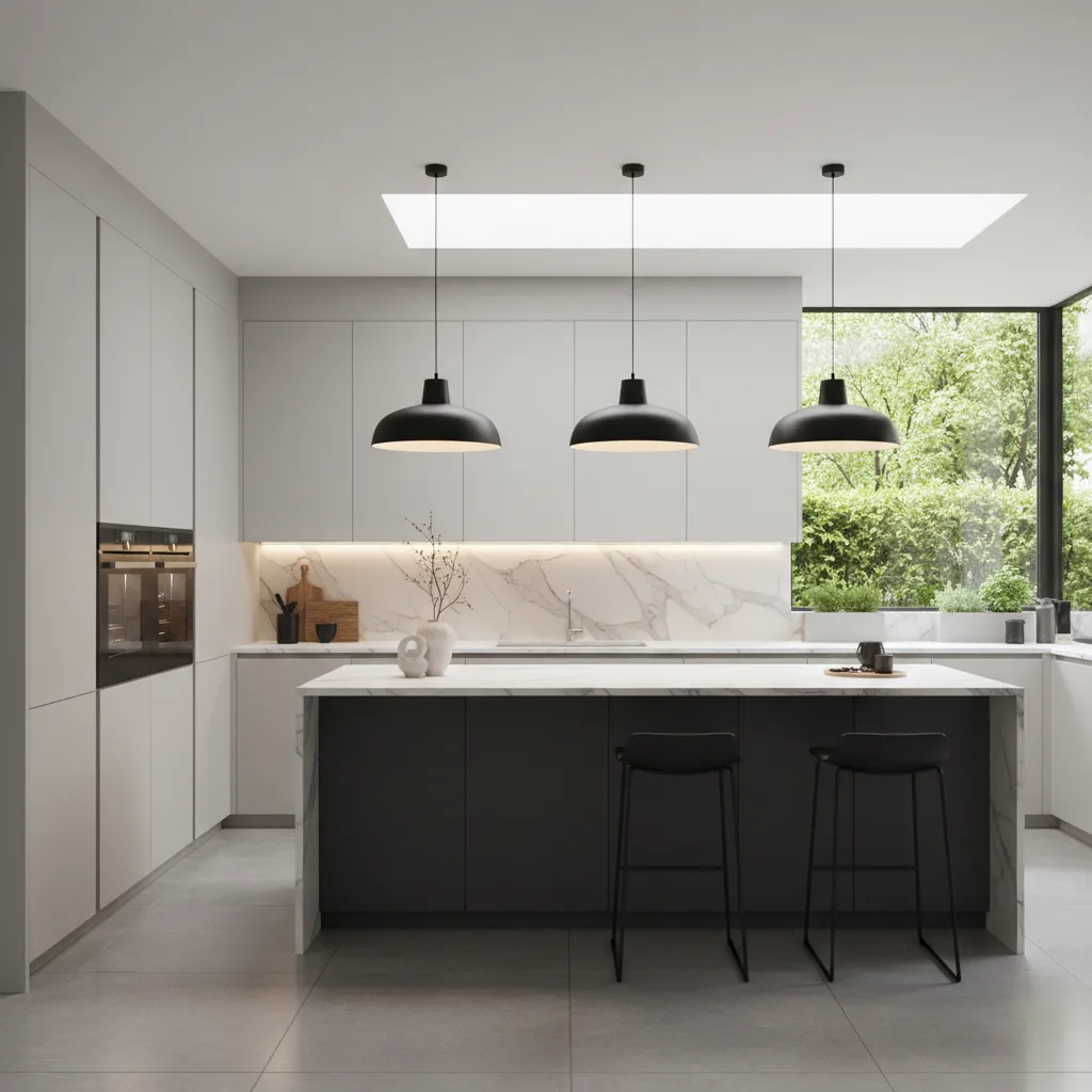 Designer balanced L-shaped kitchen with contrasting island