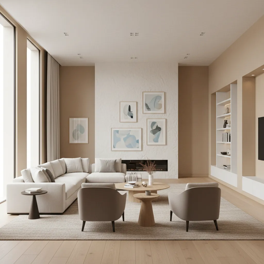 Balanced furniture layout in an L-shaped living room with a defined seating area