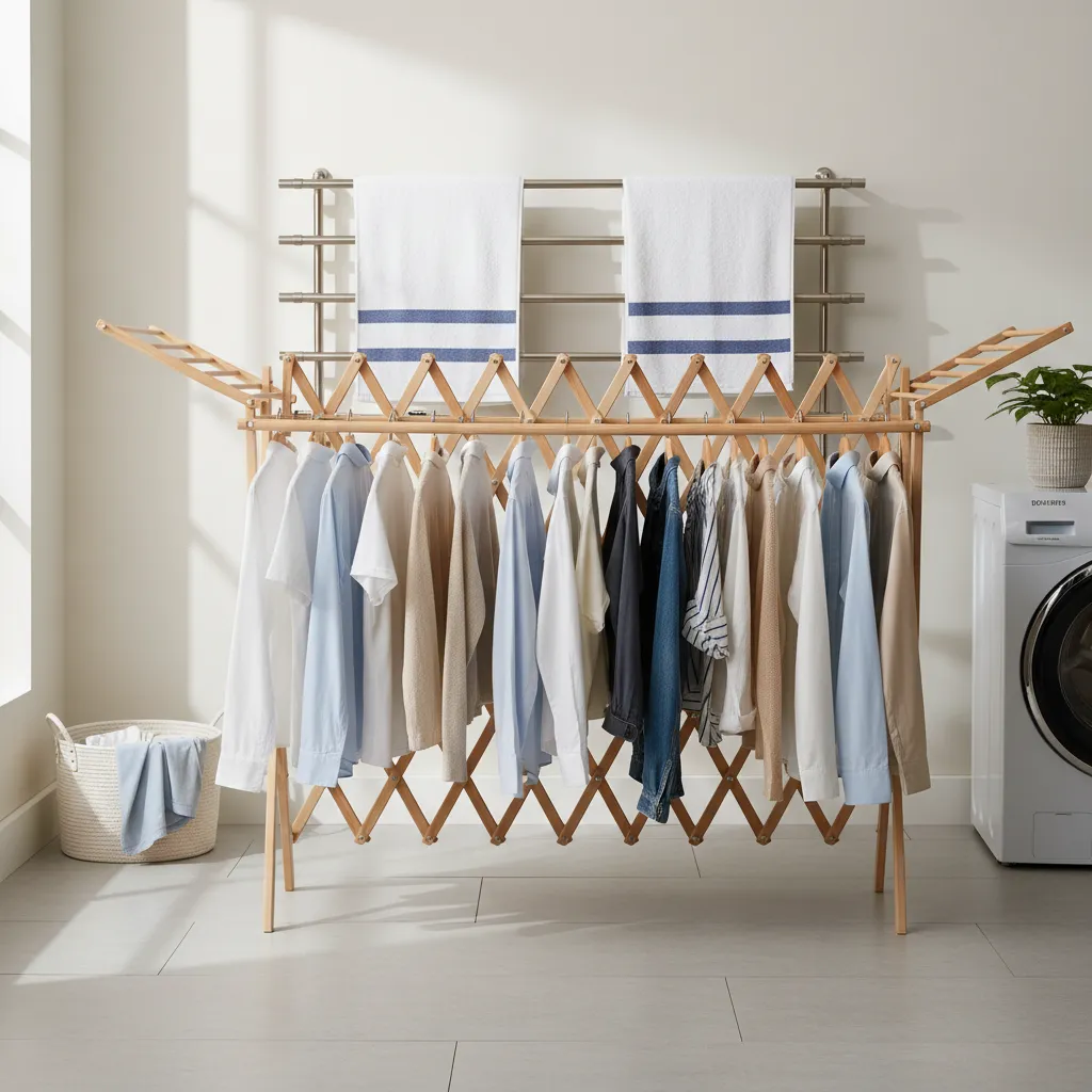Clothes evenly distributed on accordion drying rack shelves