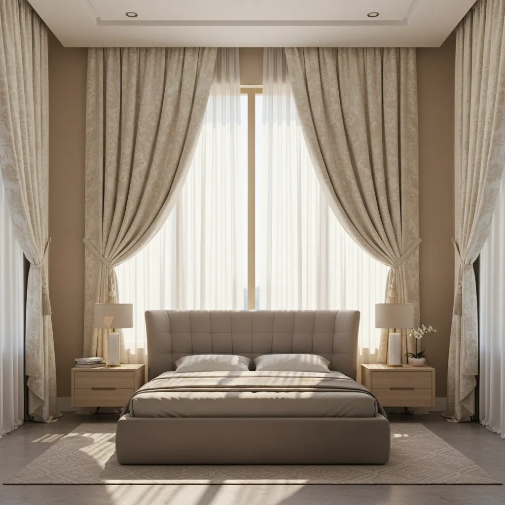 Elegant bedroom window styling with balanced cream drapes and sheer curtains