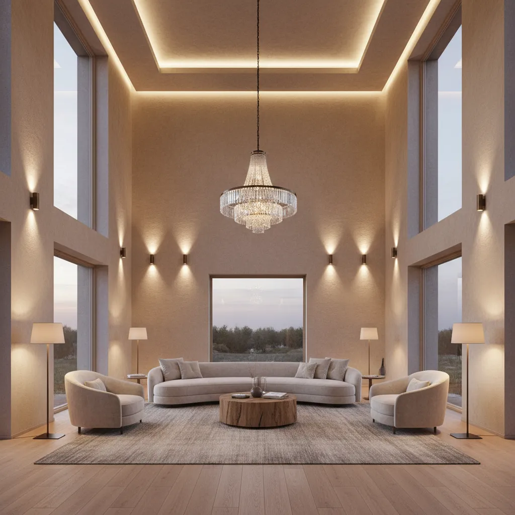 bright high ceiling living room with chandelier wall sconces and floor lamps