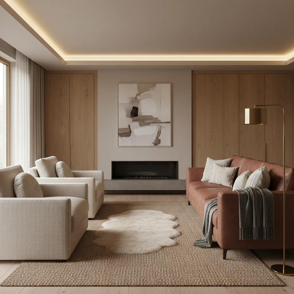 Well-balanced living room combining leather couch with fabric seating and textured decor