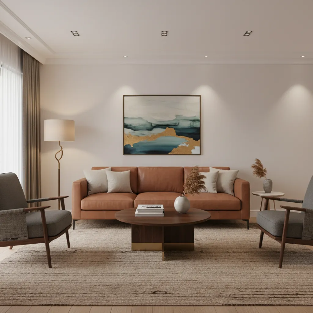 balanced layout with leather sofa and fabric chairs around coffee table
