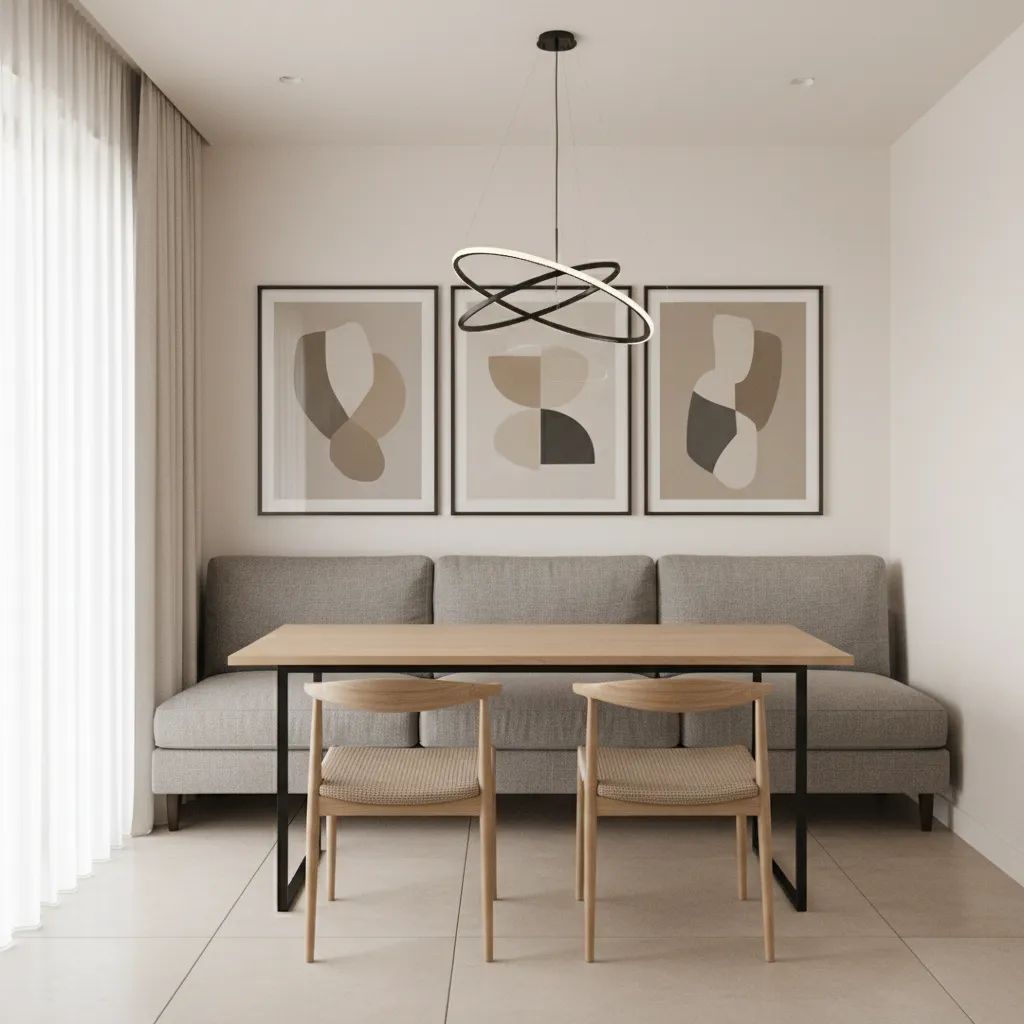 small dining room with pendant lighting and sofa seating layout