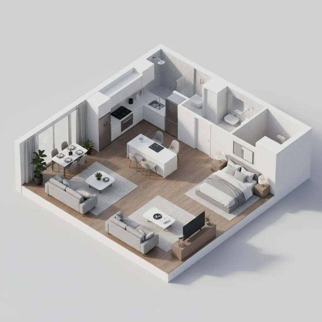 well lit isometric apartment floor plan with balanced soft lighting