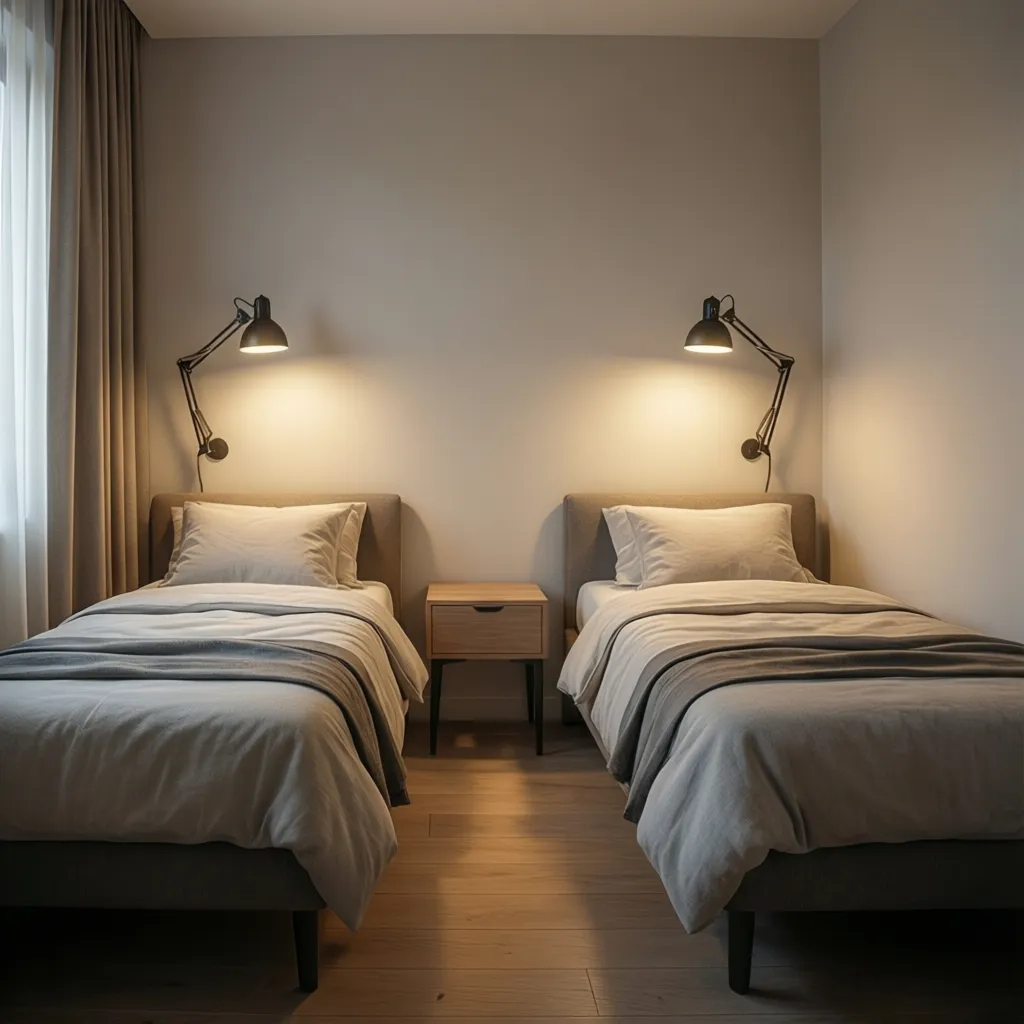 Two twin beds with symmetrical wall lighting making a small room feel balanced