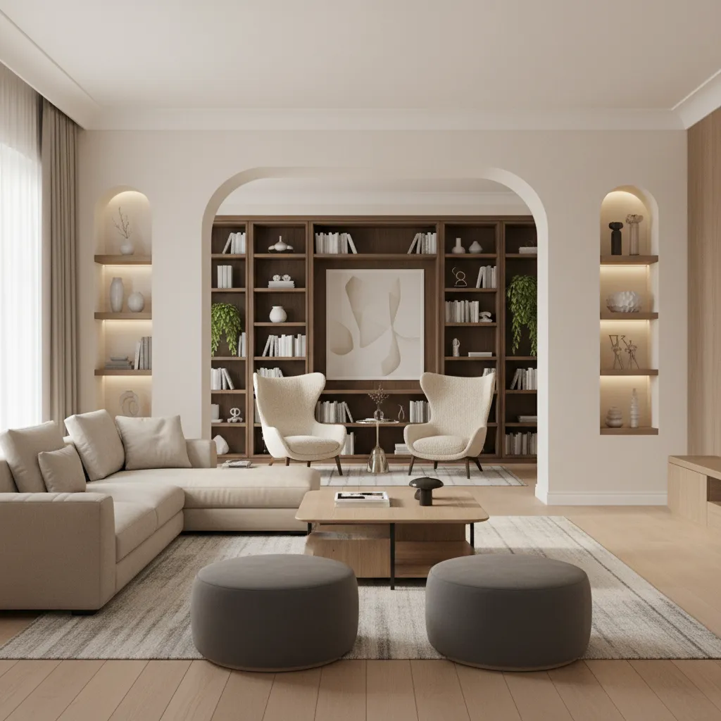 Balanced furniture arrangement on both sides of a living room archway