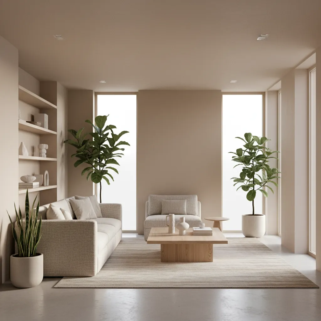 Stylish living room with neutral palette and layered textures