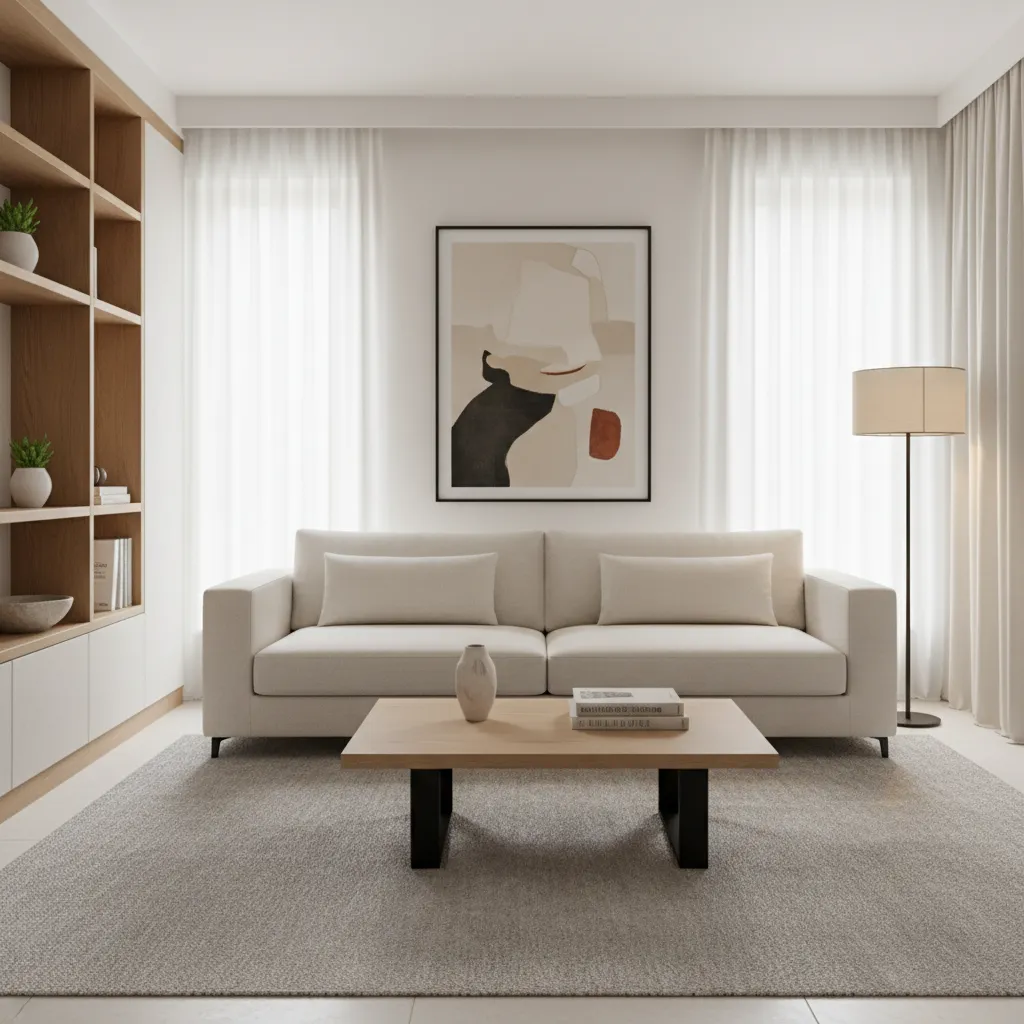Bright living room with white sofa, wooden coffee table, grey rug, floor lamp, and artwork