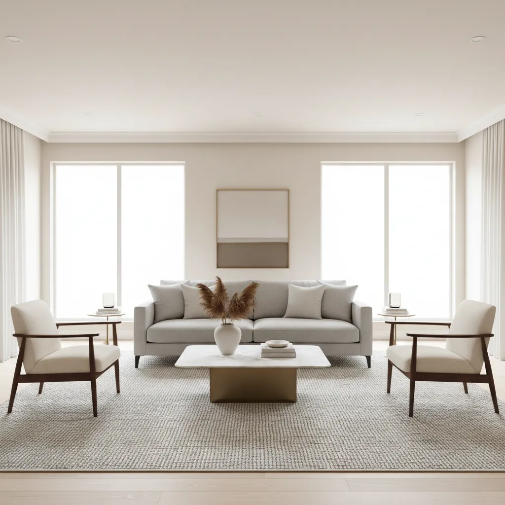 balanced living room with one sofa two chairs and open circulation space