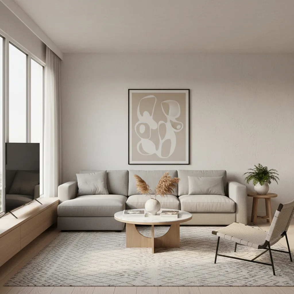 Living room furniture pulled slightly away from walls creating conversation area