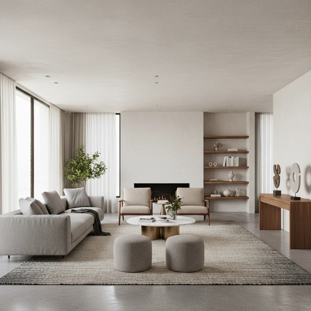 Living room furniture arranged around rug creating balanced conversation area