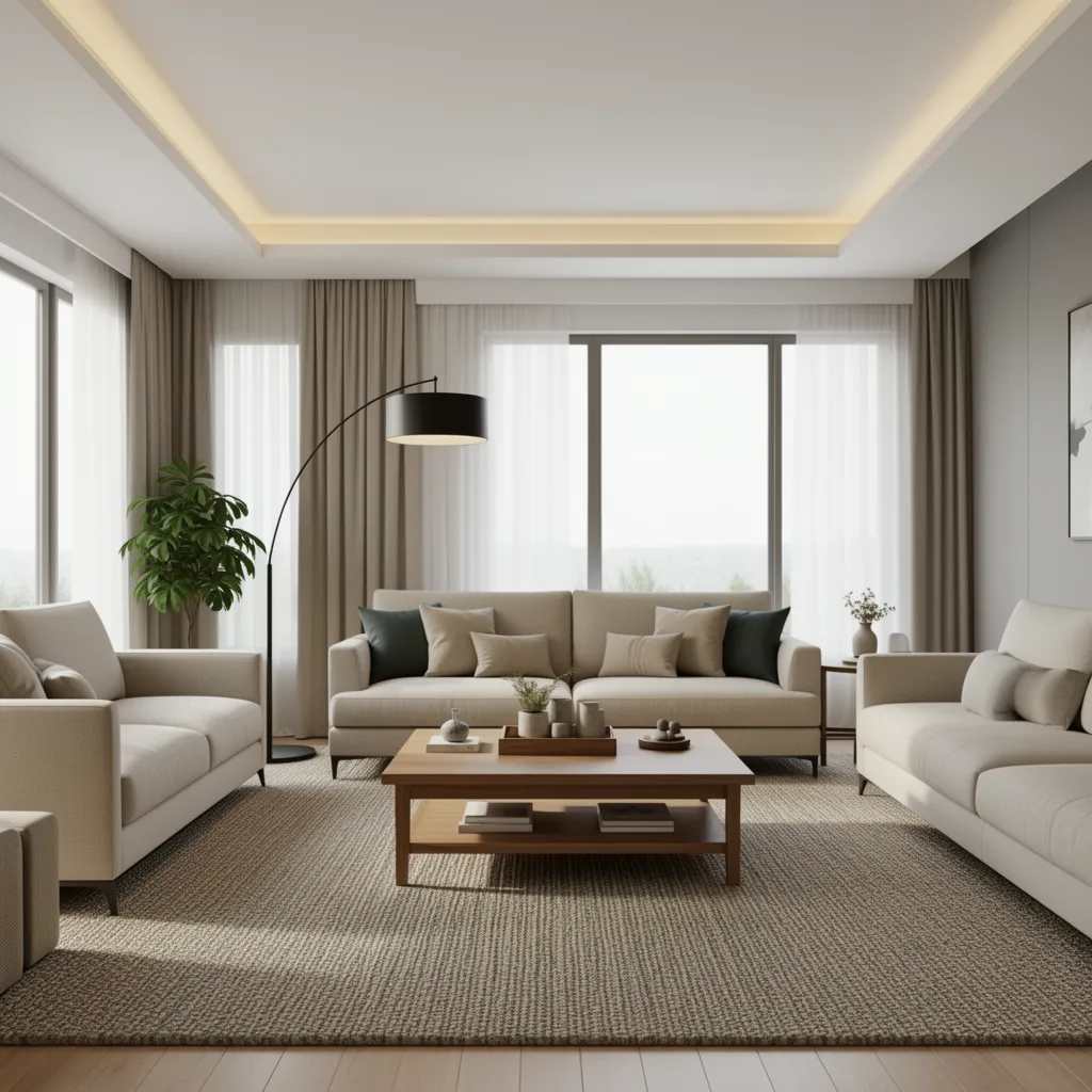 Balanced modern living room with layered lighting and open circulation