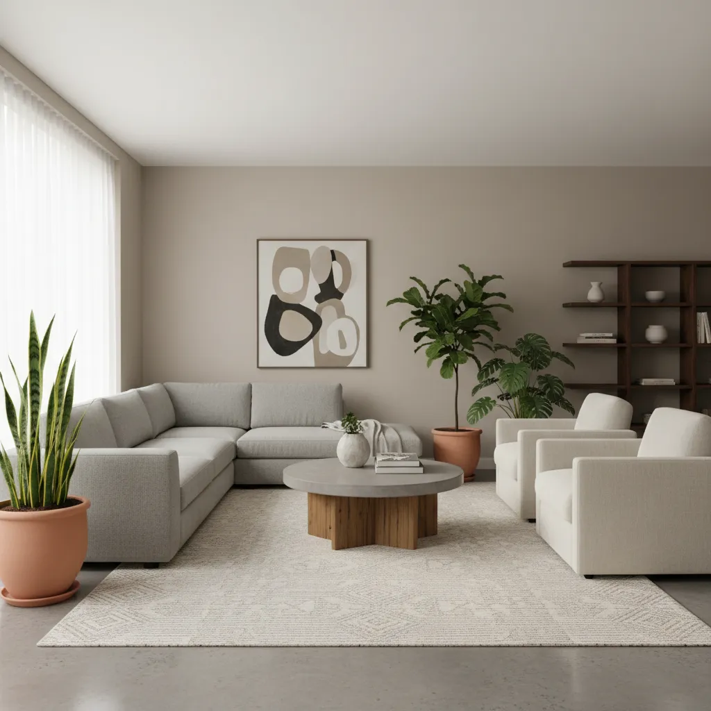 distribución equilibrada de muebles en un salón moderno