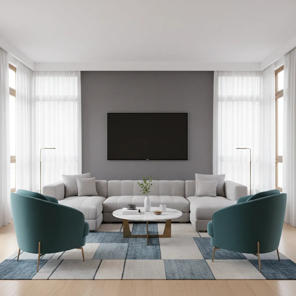balanced living room design with sofa chairs and wall mounted TV