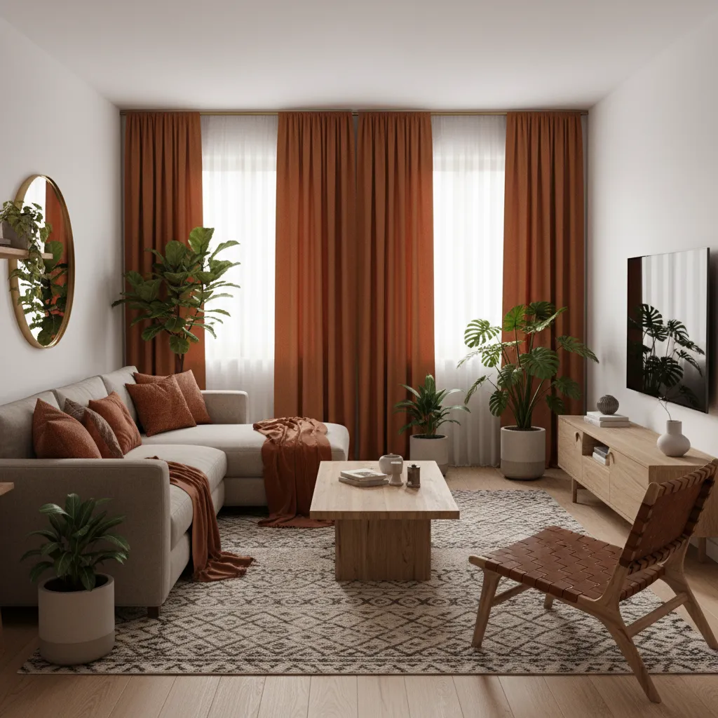 Living room with orange curtains balanced by neutral textures and decor accents