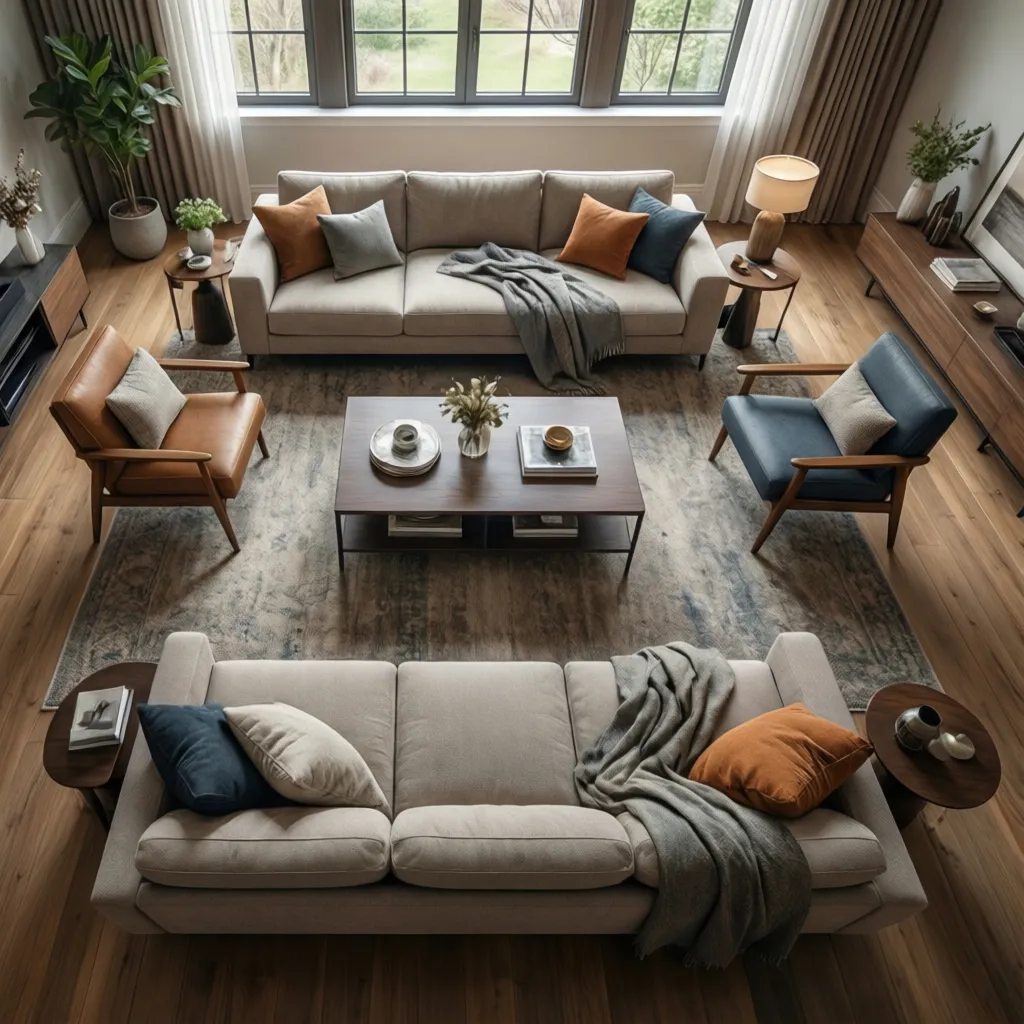 Balanced living room seating layout with sofa chairs and central coffee table