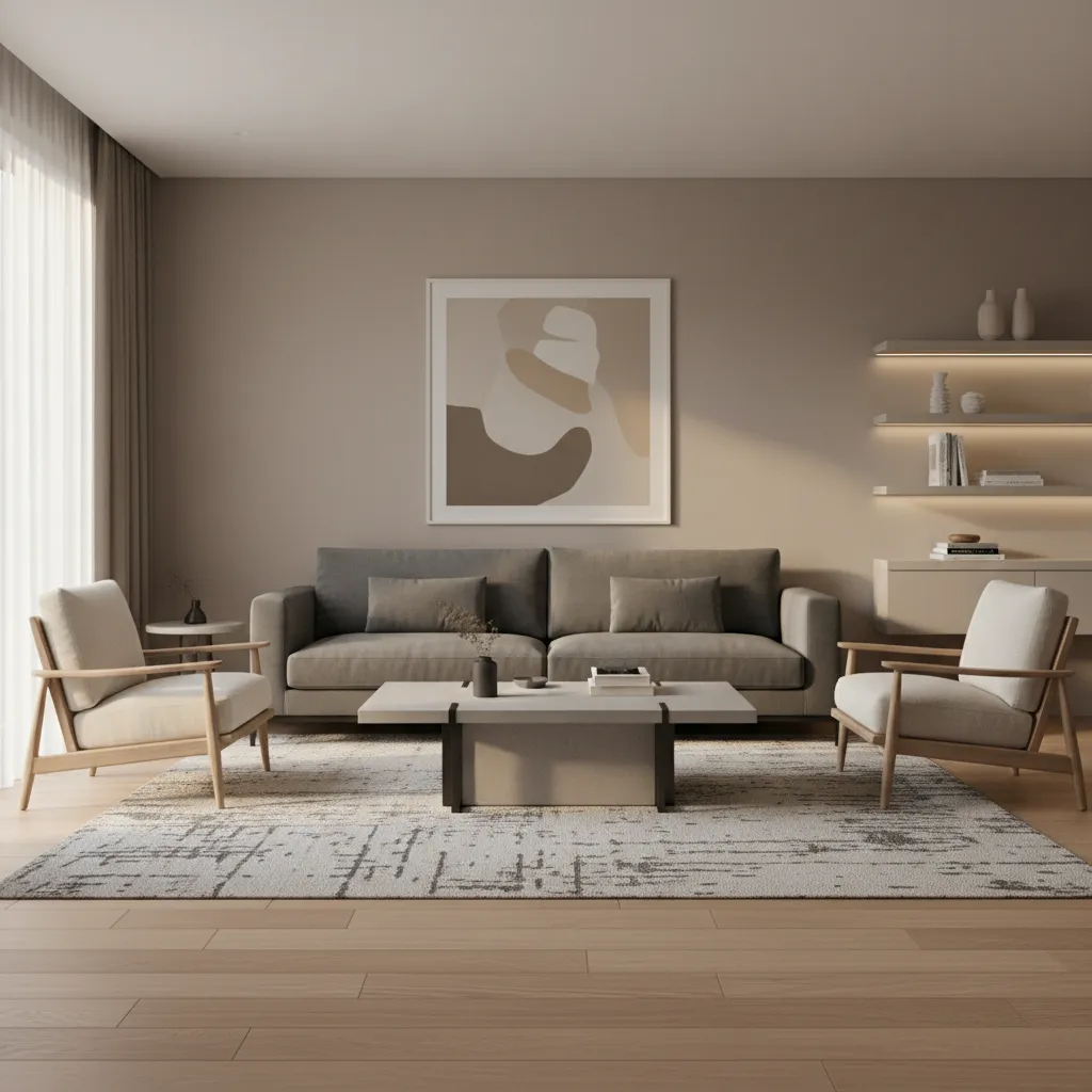 Balanced living room seating zone with sofa chairs and rug centered