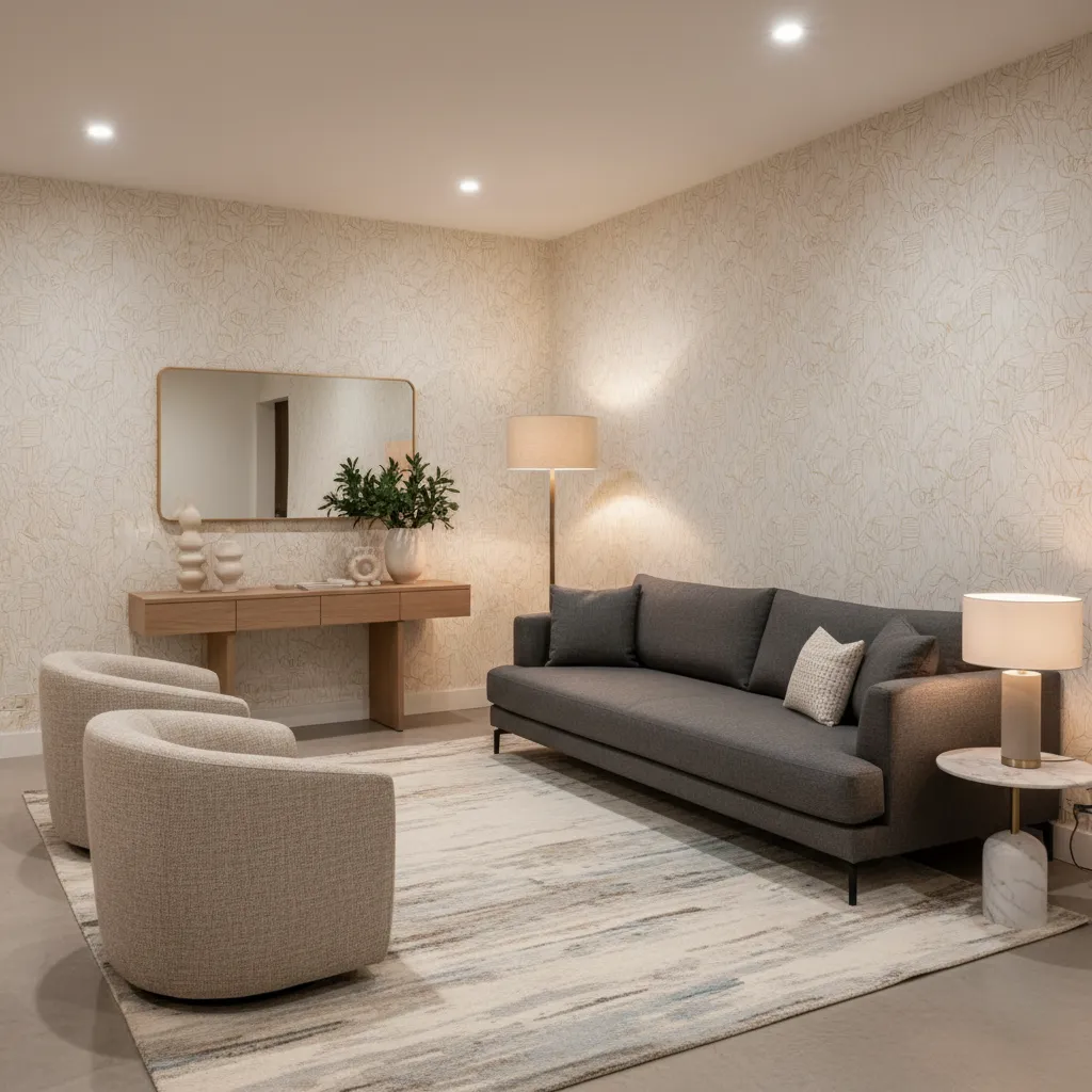 Well balanced living room showing wallpaper integrated with furniture and lighting