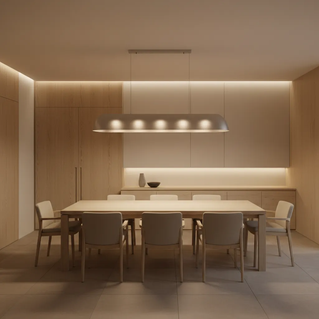 Well balanced lighting solution in a low ceiling dining room with wide fixture