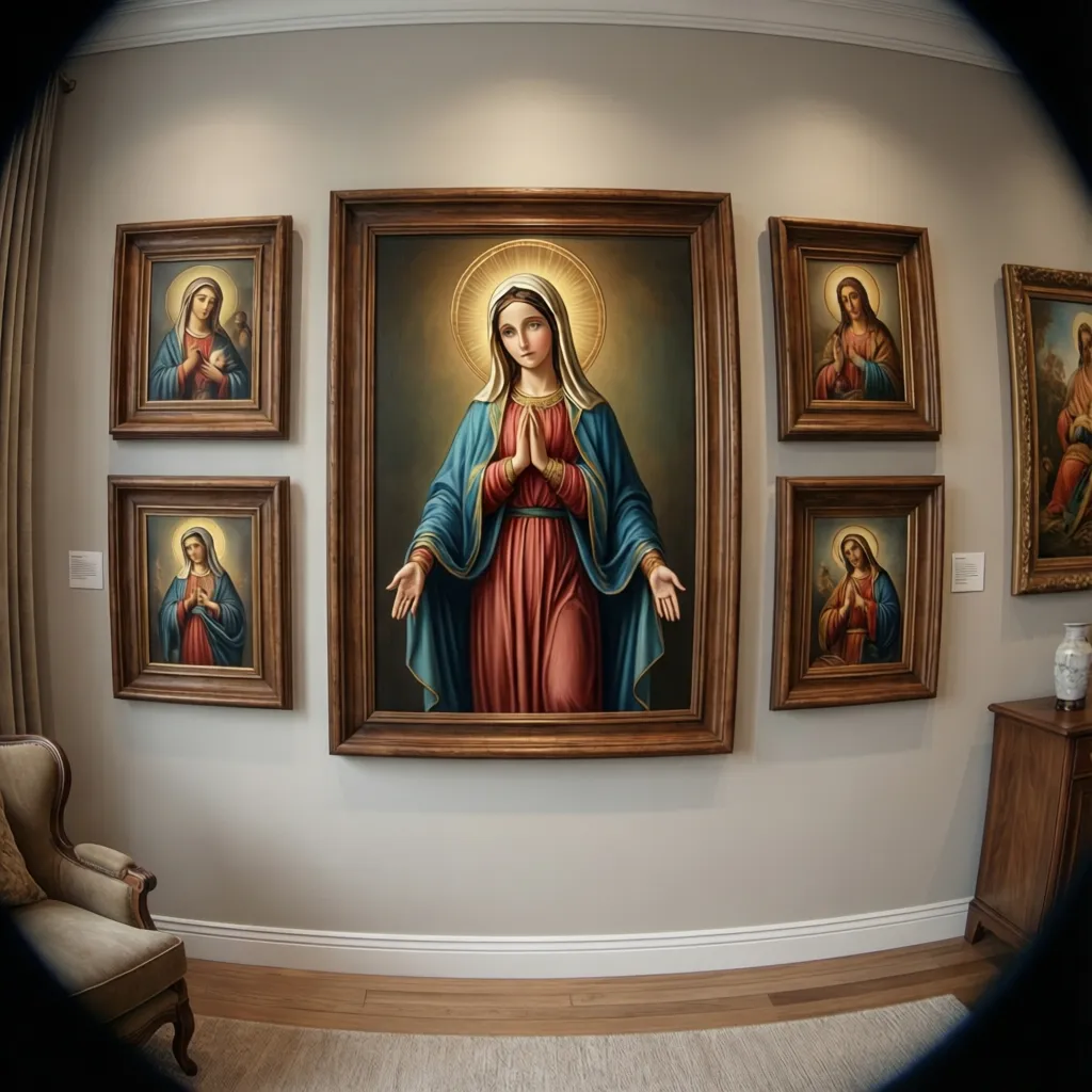 Balanced gallery wall featuring Virgin Mary artwork with coordinated frames