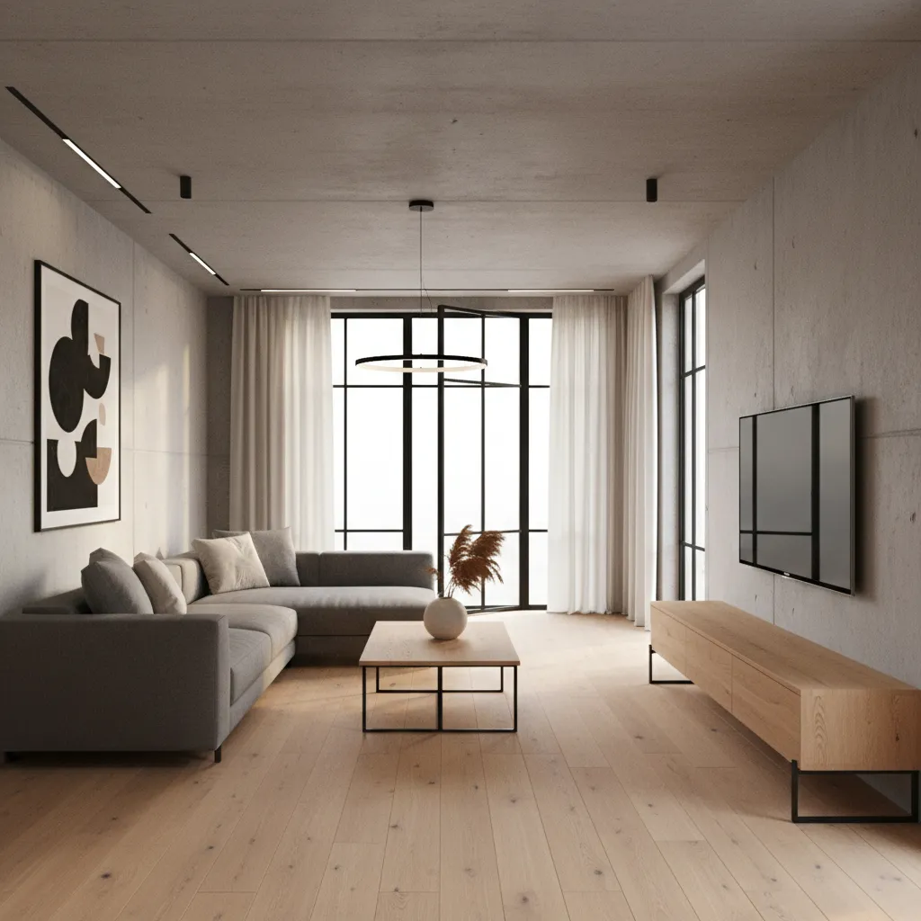 German interior combining wood, concrete, and steel elements