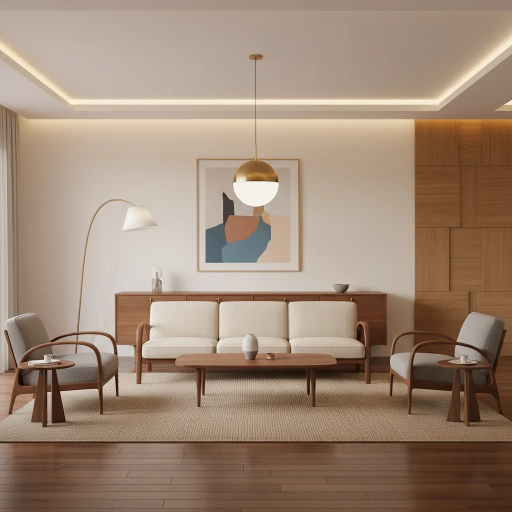 Mid century living room showing balanced placement of metal lighting fixtures