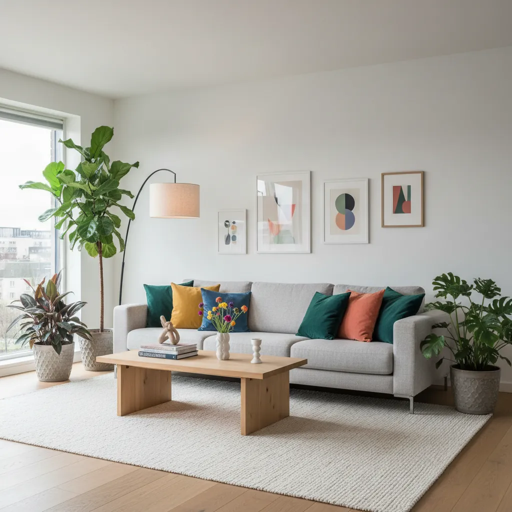 Balanced interior combining minimalist layout with vibrant decor accents