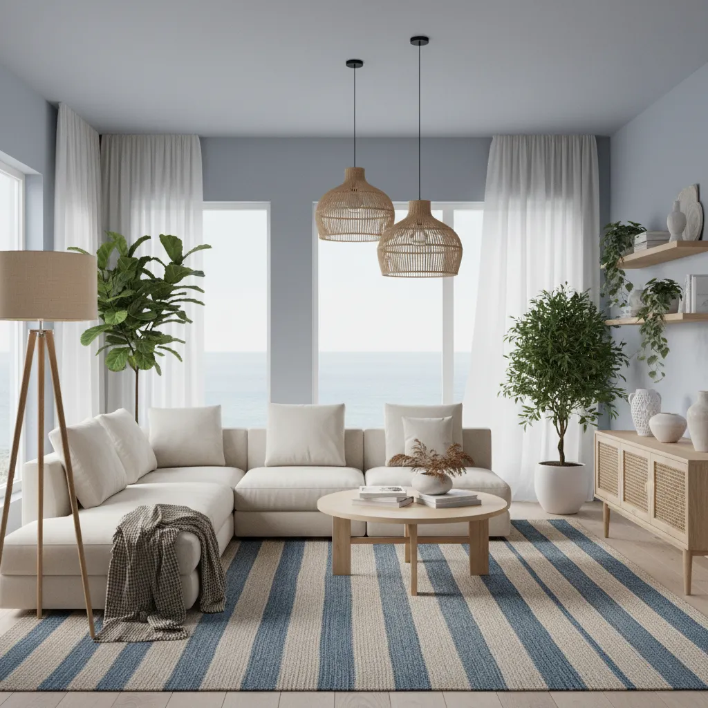 modern living room with balanced furniture, rug anchor, plants and layered lighting