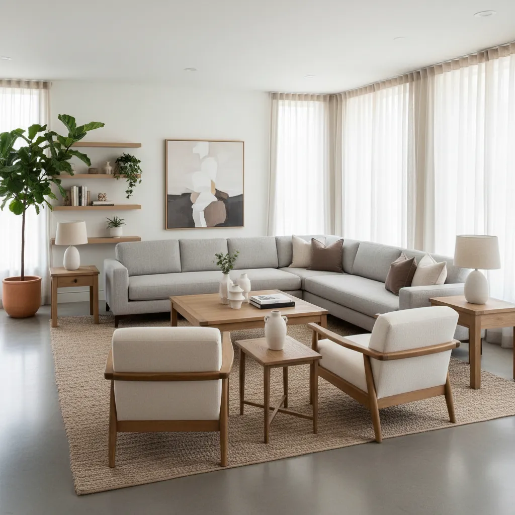 Distribución equilibrada de salón moderno con muebles proporcionales