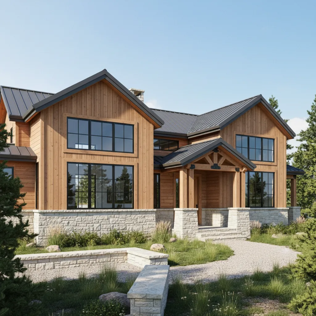 Modern rustic house with cedar siding light stone and black window frames