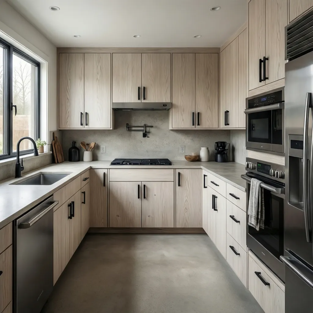 modern balanced kitchen design with white oak cabinets black hardware and neutral stone