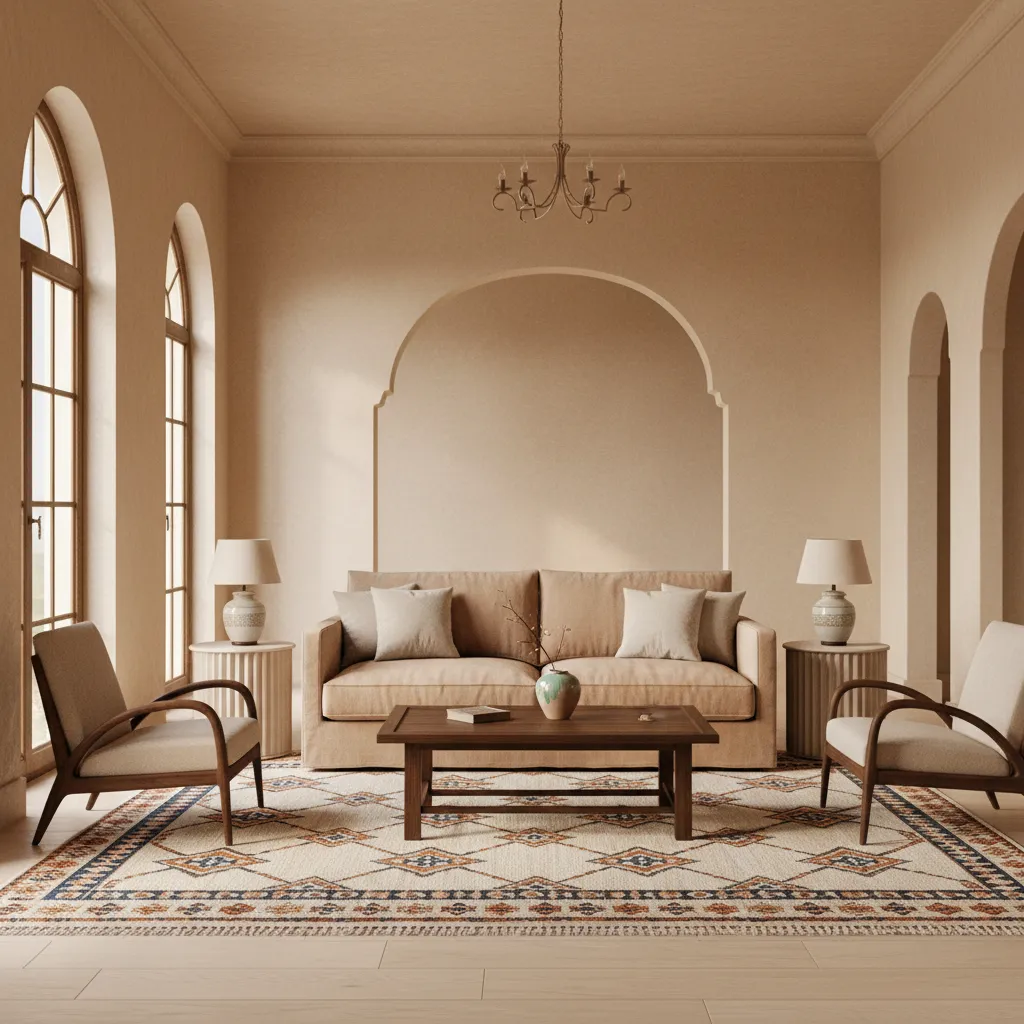 Modern Moroccan living room with beige walls, arched alcove, tan sofa, wooden coffee table, rug