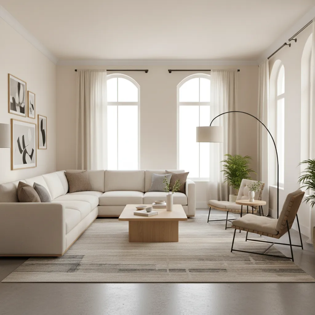asymmetrical balanced layout in long narrow living room