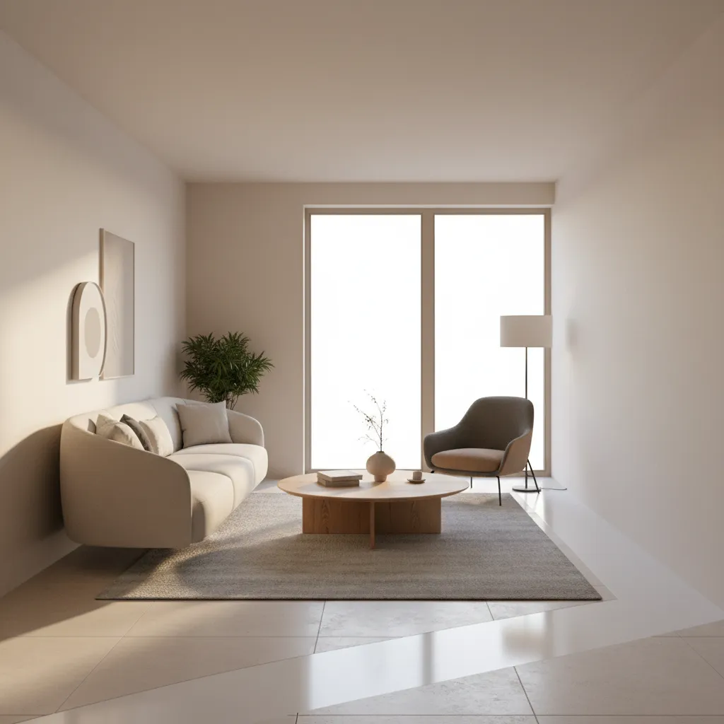 Balanced narrow living room furniture layout with floating sofa and round table