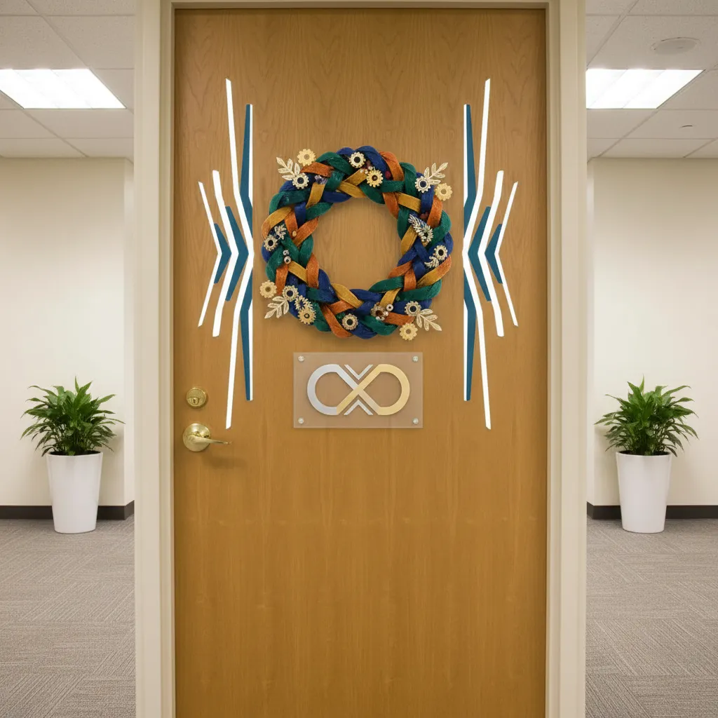 symmetrical office door decoration layout with centered design elements