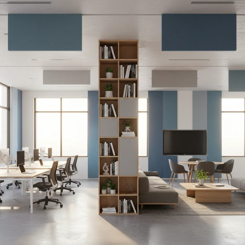 Office layout separating quiet desks from collaboration space
