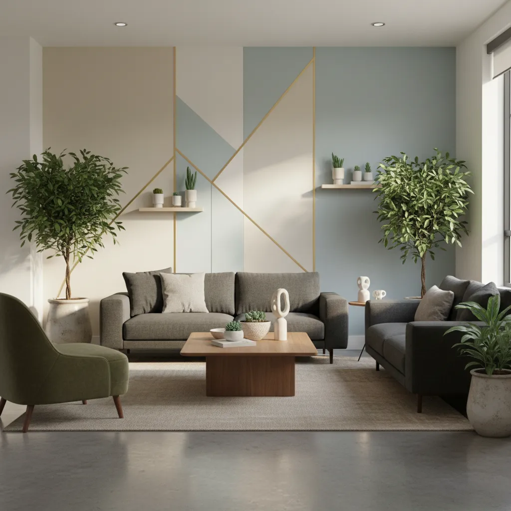Modern living room interior design drawing with grey sofa and geometric pattern wall paint colors