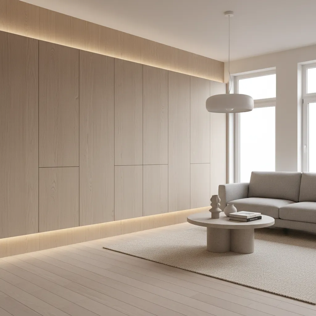 tiny apartment interior showing balanced design with one wall cabinetry and open living space