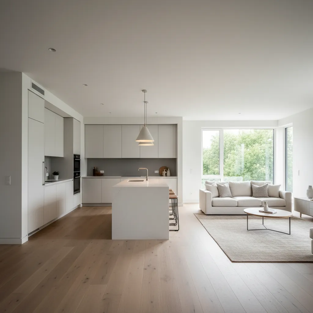 Open kitchen with island visually connected to living room design